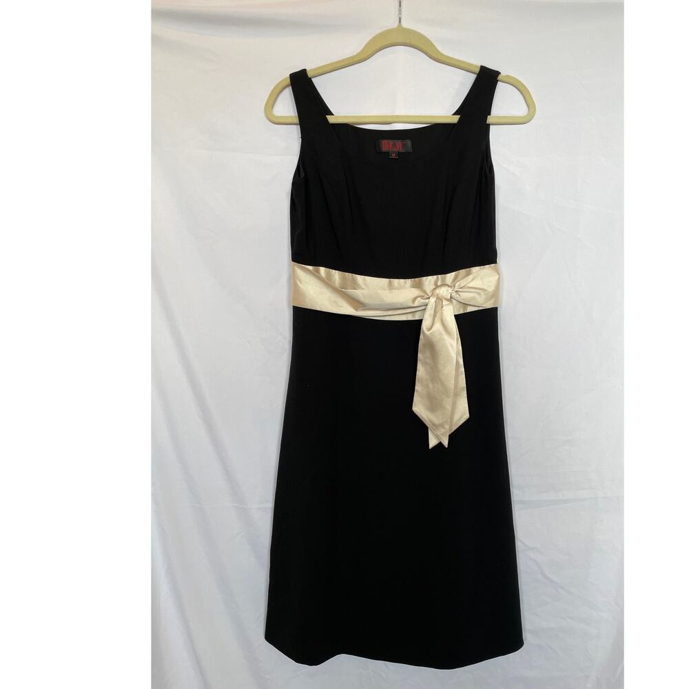 Vintage 90s Eve NY Dress Strappy Black Crepe LBD Cream Sash, Medium